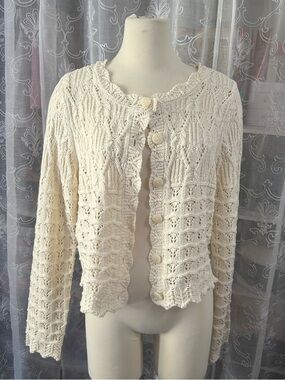 AND NOW THIS Women's Cream Crochet  Button-Front Sweater Cardigan